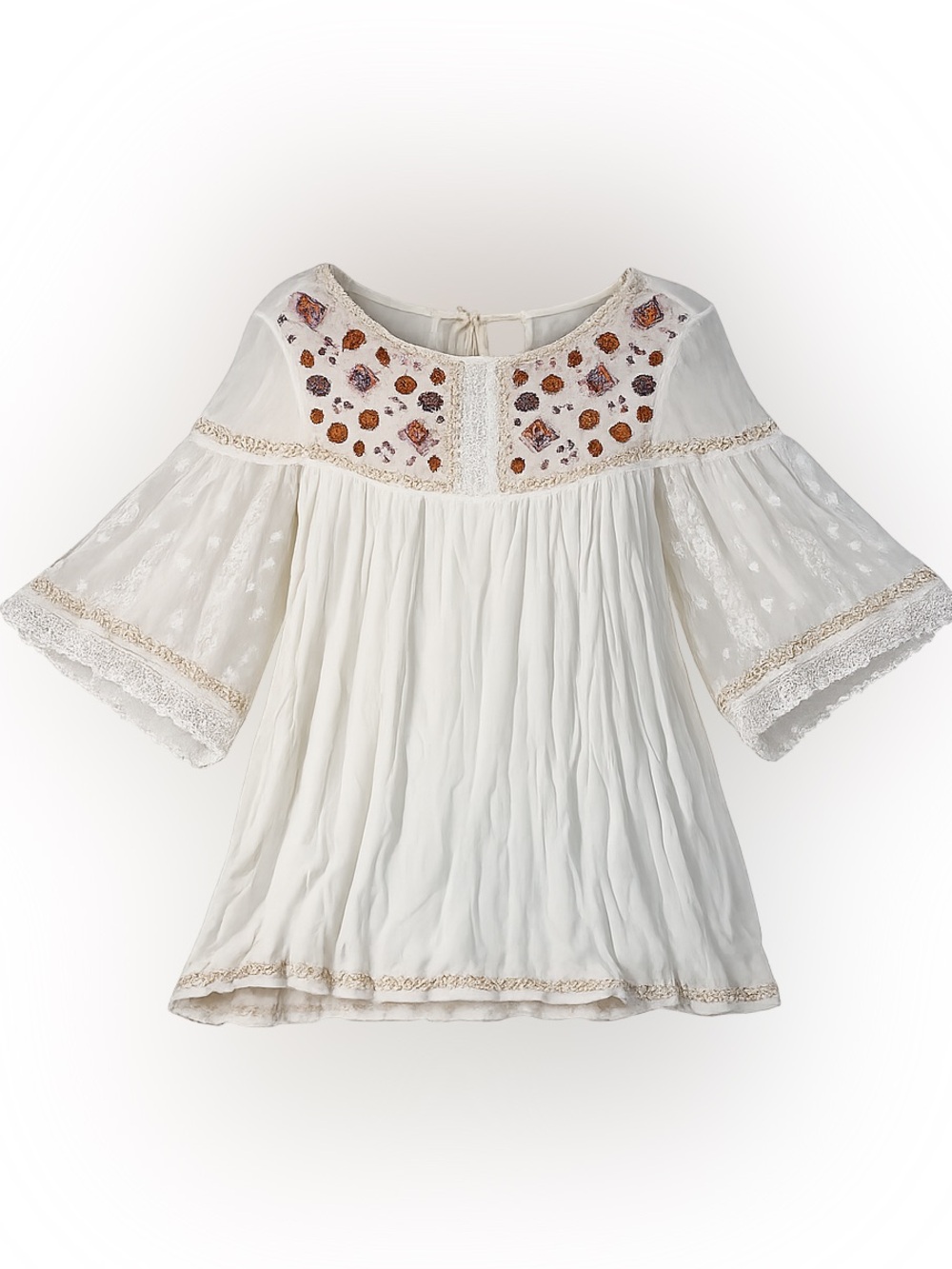 POL Boho Embroidered Peasant Blouse Large | Ivory Lace Bell Sleeve Boutique Top
